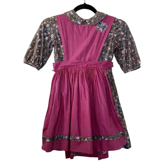 Vintage Girls Prairie Twirl Dress Pinafore Purple Tie Waist Collared Pinnie - Picture 1 of 16